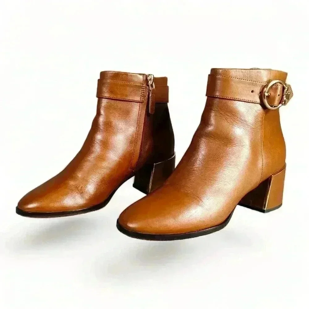 Tory Burch Sophia Ankle Booties Boots British Tan Women's 5 M Leather Gold Logo